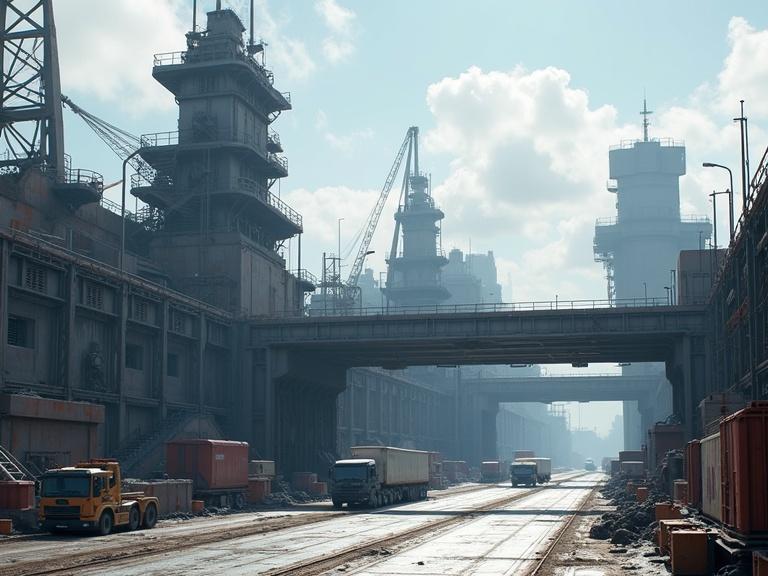 Detailed image of a grey sci-fi shipyard military base. Features blocky bevel designs and pipelines. Includes metal steps, ladders, and huge construction pits. Depicts an underpass, metal floors, platforms, and gate entrance. Shows smoke stacks, forklifts, and trucks. Features metal towers. Background has sunny white blue sky with shadows.