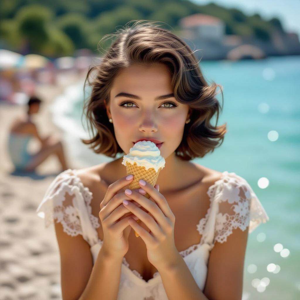Young woman in short lace dress eating ice cream on Black Sea coast. Full-body shot emphasizes ice cream. Summer beach scene with light reflecting off water. Nostalgic Soviet vibe capturing 1985 era. Shot using vintage camera with Kodachrome tones and dreamy background effects. Characteristic bokeh creates a soft atmosphere.