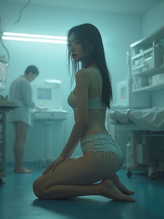 A young adult Korean woman kneels in a misty clinic. She has beautiful facial features and perfect body proportions. Soft lighting creates a surreal atmosphere. A figure is blurred in the background. The setting is clinical but artistic.