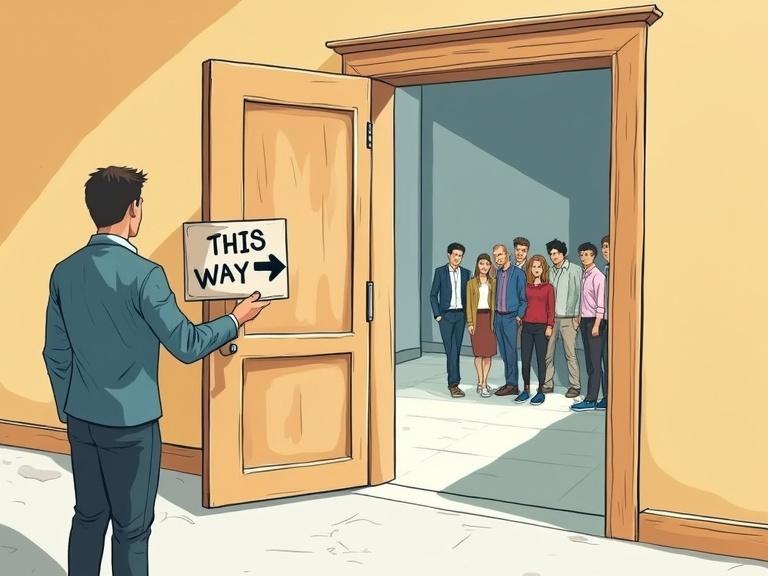 Illustration shows a guide welcoming attendees into a building. The guide faces the camera while holding a sign that says 'this way'. The guide directs the viewer to the building with a flat palm. A group of attendees appears in the background.