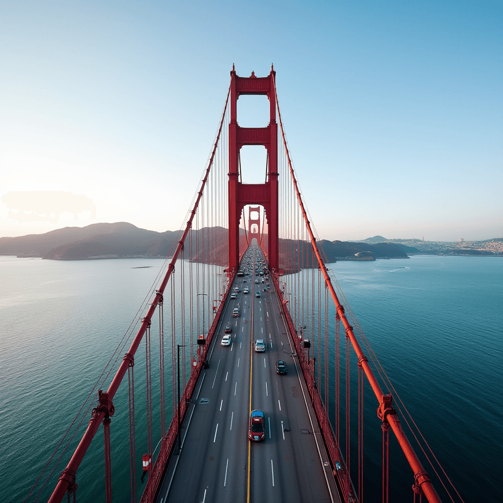 A scenic view of a red suspension bridge stretching over a tranquil body of water under a clear blue sky.