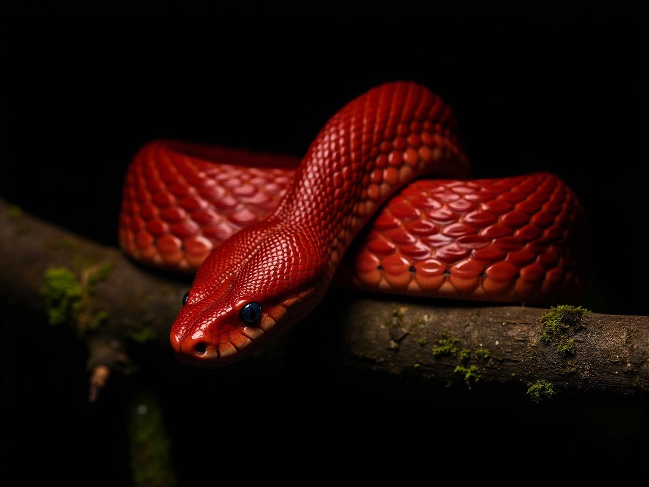 The image features a striking red snake coiled on a branch. Its scales are vividly textured, showcasing a rich, glossy hue that stands out against a dark background. The snake's head is raised, displaying its distinctive eye and intricate patterns on its skin. It is resting on a moss-covered branch, emphasizing its natural habitat. The lighting highlights the contours of its body, creating a dramatic effect that draws attention to the snake's unique coloration and features.