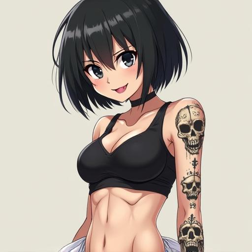 Savage anime girl with thin black eyes and short black hair. Skull tattoo on her face and a sporty outfit. Smiling with her tongue out.