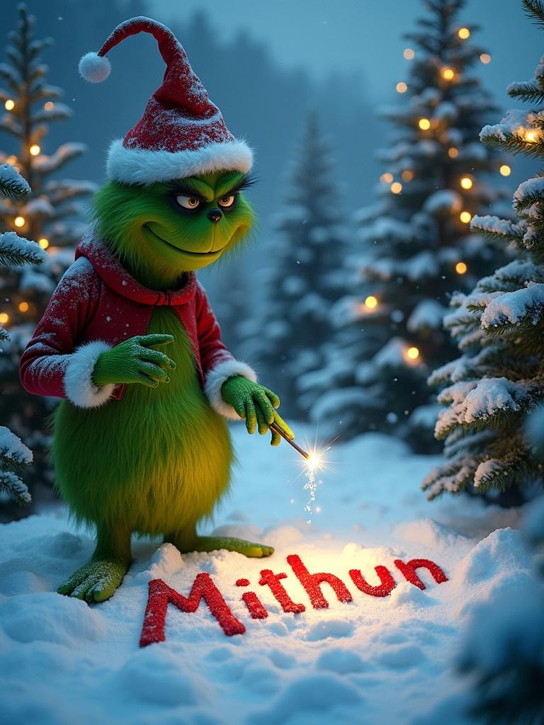 The Grinch stands outside in the snow. Christmas trees are surrounding him. He writes the name Mithun in the snow. The scene is festive and colorful.