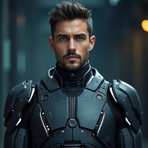 High quality realistic image of a man wearing advanced robotic armor. The background is blurred. The phrase 'Mr Robot academy' is visibly displayed.