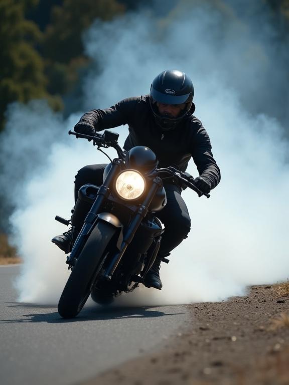 Motorcycle drifts sharply around corner with smoke from rear tire. Headlight beams forward.
