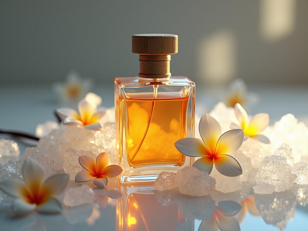 A perfume bottle surrounded by delicate white and orange flowers and ice, reflecting in soft lighting.