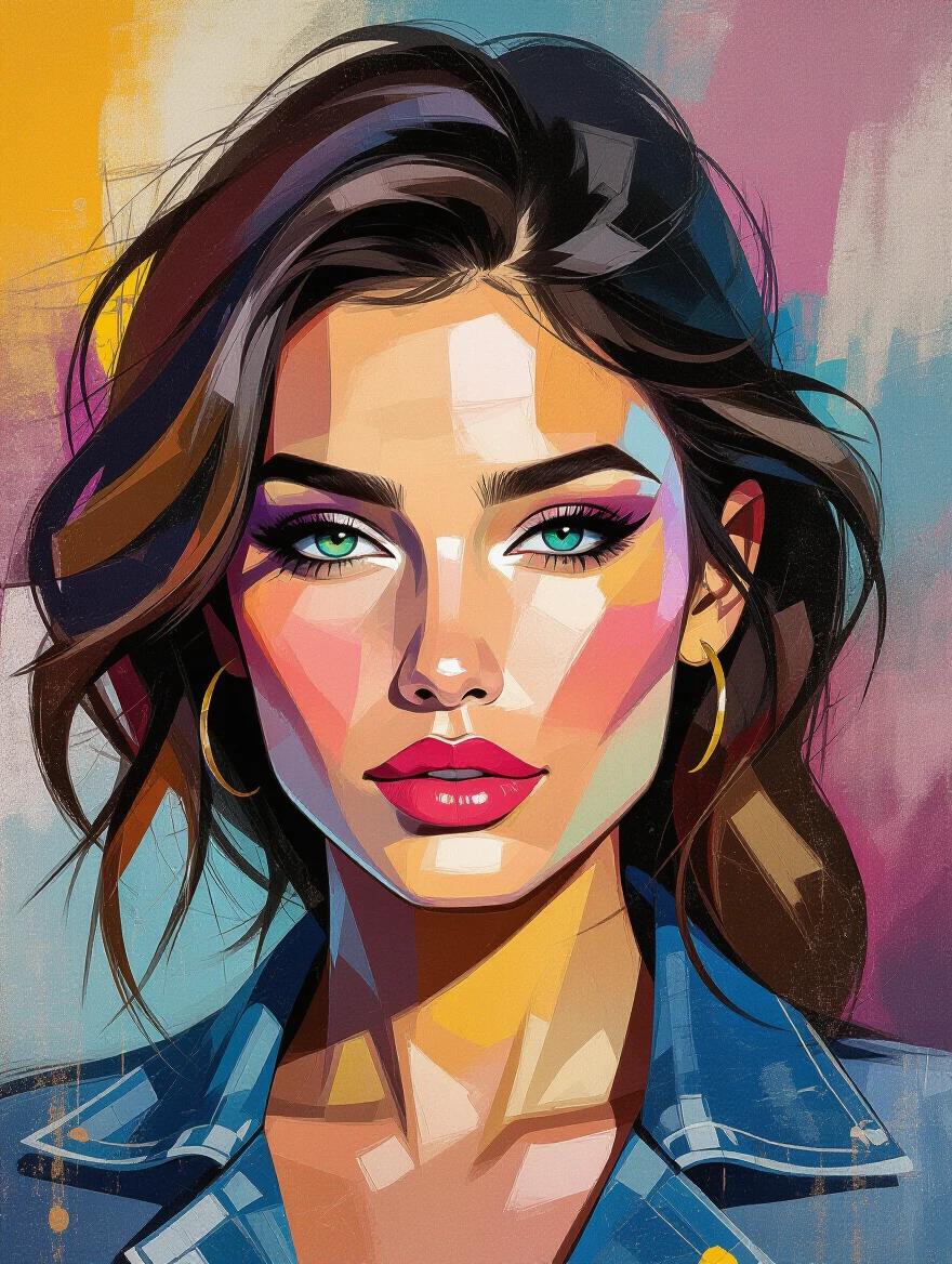 Close-up portrait of a young woman with an intense gaze. Features impressionist brushstrokes and colorful graffiti textures. Sharp facial outline with soft painterly shading. Glowing ambient highlights and vivid background textures.