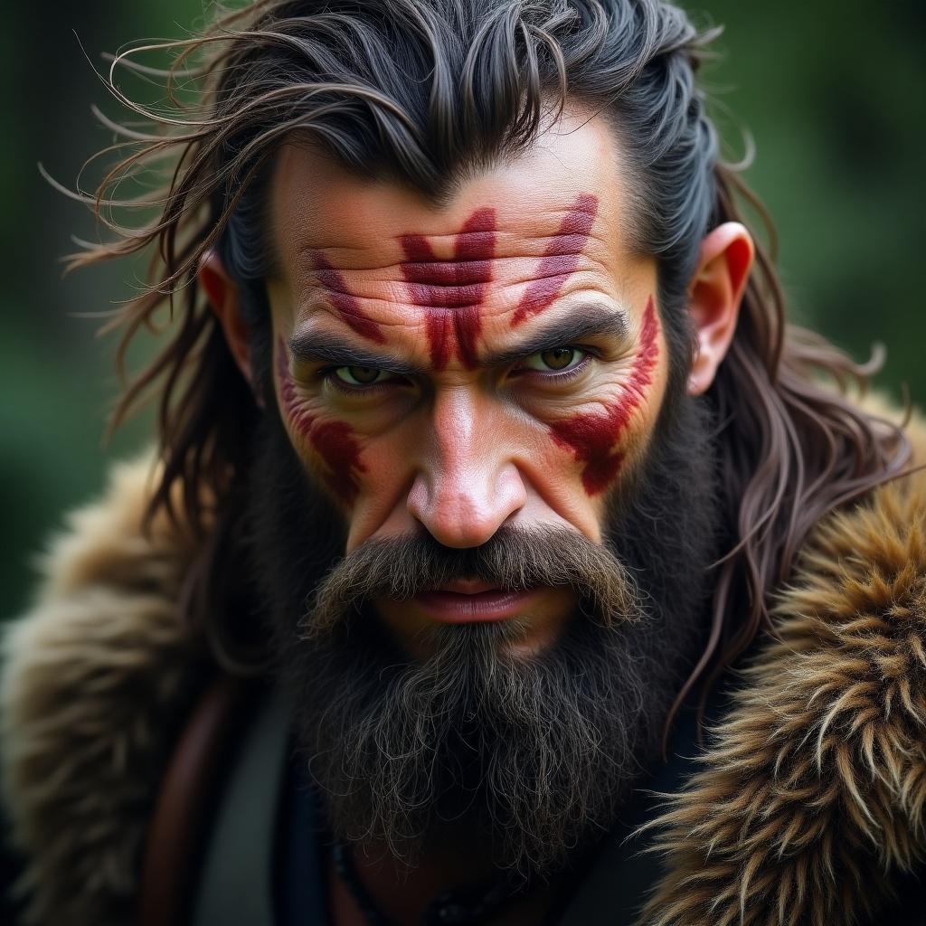 Close-up portrait of a man with a fierce expression and warrior markings. Hair is wild with a beard. Clothing suggests a barbarian theme. Background is natural, enhancing the warrior look.