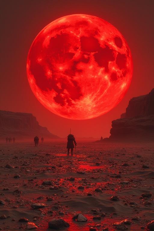 Image of a vast desert floor scattered with broken glass. A massive red moon looms in the sky. Small armies are visible in the shadows, creating a dramatic and ominous atmosphere.