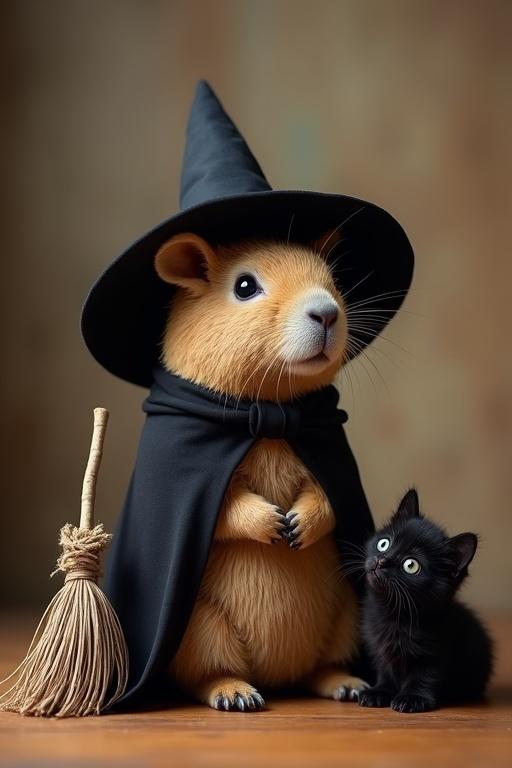 Capybara dressed as a witch wearing a black hat. Sitting next to a tiny broomstick. Small black kitten looks up curiously. Cozy and whimsical atmosphere reminiscent of Halloween fairy tales.