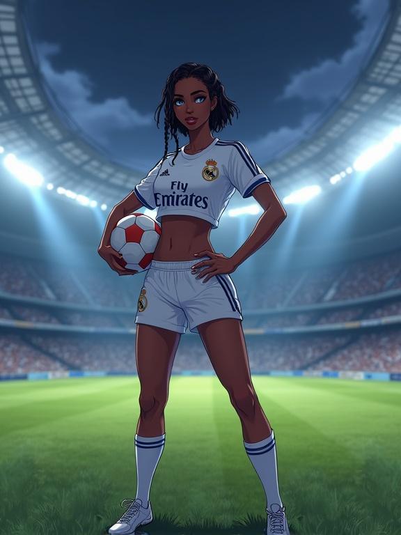 Digital illustration of a young woman in a Real Madrid soccer outfit. She has dark skin, short boxer braids, and light blue eyes. The character poses on a soccer field, holding a ball. The stadium background is vibrant with detailed architecture and lighting effects.