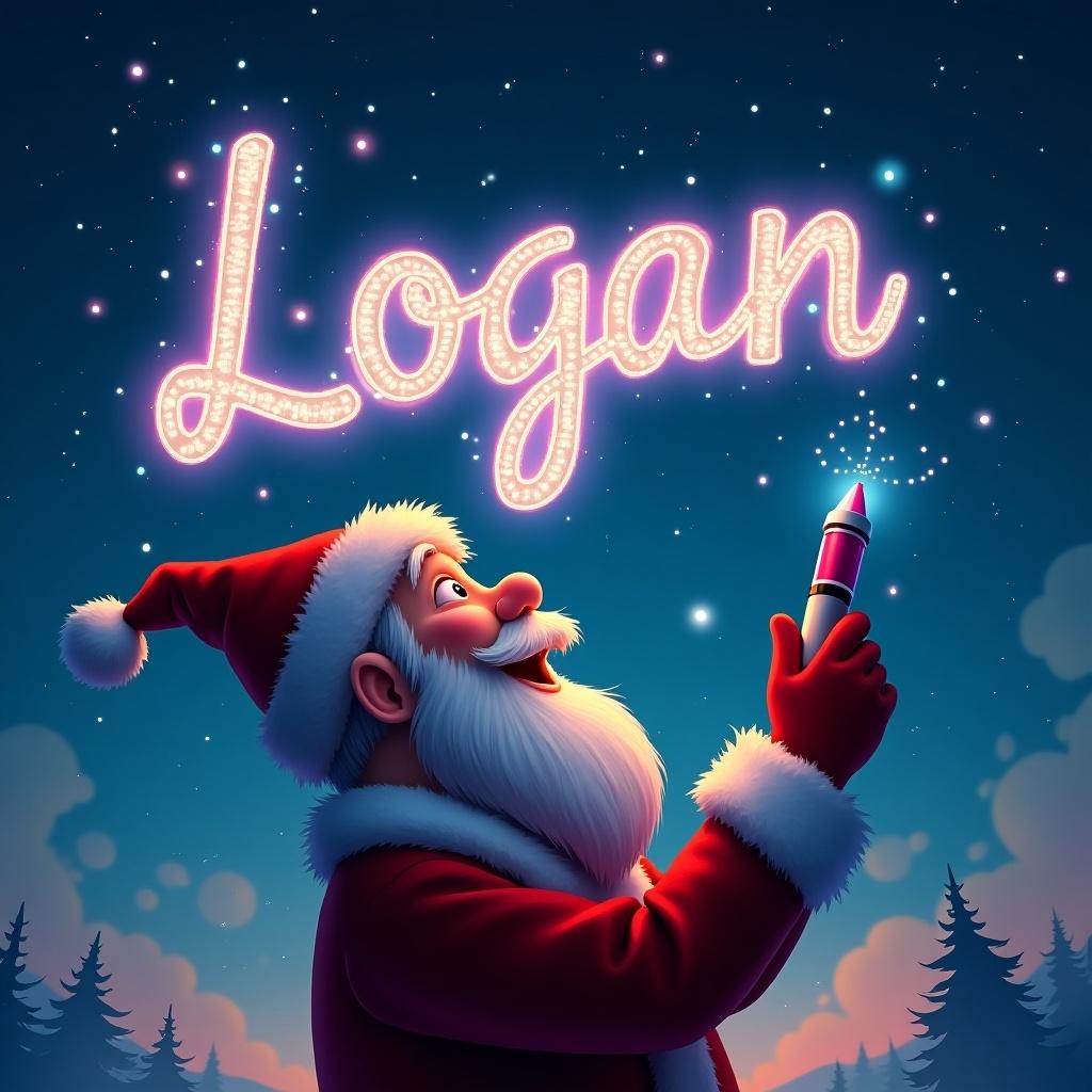 The image features a cheerful Santa Claus in a traditional red and white outfit, looking up with joy. He is holding a colorful glow pen, creating the name 'Logan' in bright, shimmering letters against a starry night sky. The background consists of a beautiful winter landscape with snowy trees, enhancing the festive atmosphere. Santa's expression radiates warmth and excitement, embodying the holiday spirit. The colorful glow from the pen adds a magical touch to the scene, making it perfect for Christmas-themed illustrations.