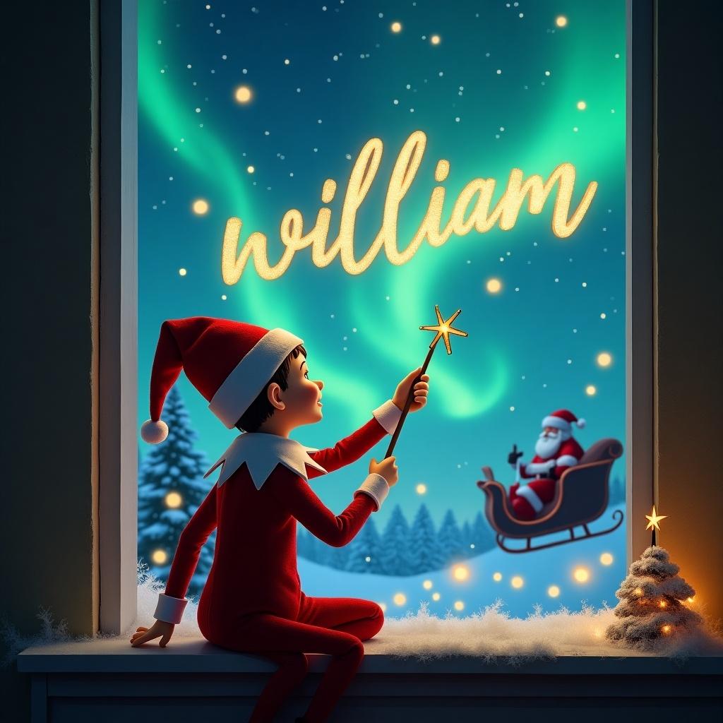 Elf sitting on a shelf looking at the sky. Holding a wand. Writing the name 'William' in the air. Magical Christmas scene with northern lights and Santa in a sleigh.