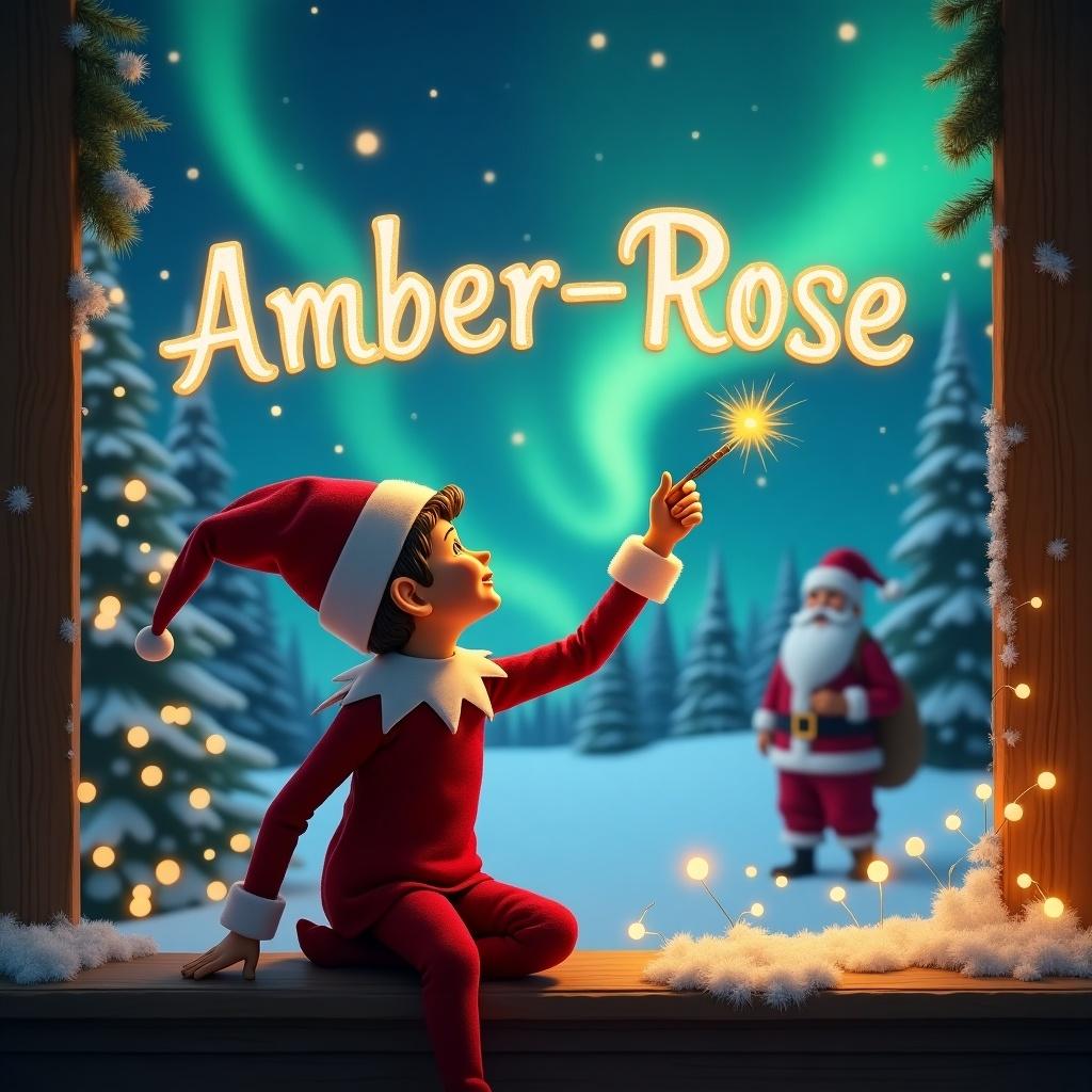 The image depicts an enchanting Christmas scene featuring an elf on the shelf. The elf, dressed in a classic red outfit, is turned away from the viewer, gazing into the night sky. With a magic wand in hand, he is elegantly writing the name 'Amber-Rose' in the air. The backdrop showcases a beautiful winter landscape illuminated by the mesmerizing northern lights. Santa Claus can be seen in the background, adding to the festive theme. This magical moment captures the essence of childhood wonder during the holiday season.