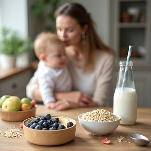 Woman holds baby in her arms seated at kitchen table. Kitchen preparation table features bowl of raw oats, box labeled Aveia, bowl of cut fruits, bottle of milk behind, serving bowl in front with spoon. Natural morning light illuminates scene.