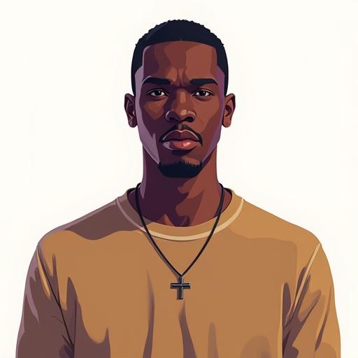 Black male facing the camera in a full frontal view. Bright light without shadows. Wearing a solid color t-shirt. No accessories or background. Style resembles Grand Theft Auto digital art with 4-bit quality and flat colors.