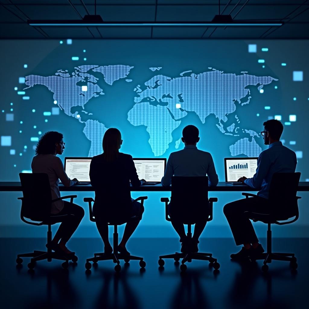 A modern office workspace includes diverse IT professionals collaborating on laptops and screens. The background shows subtle digital patterns and a glowing blue hue. The atmosphere symbolizes teamwork and technology.