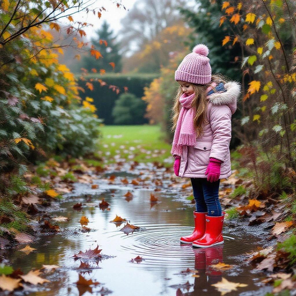 A girl is standing in a puddle looking at her reflection. The scene is set in a garden on a cold autumn morning. She is wearing warm pink attire including a beanie, scarf, and coat. Her bright red wellies contrast with the autumn leaves around her.