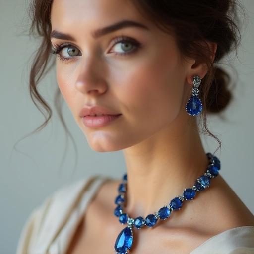 Sophisticated female model wears exquisite iolite gemstone jewelry. Close-up shot of stunning iolite necklace and complementing earrings. Soft ambient lighting with light neutral background. Deep blue hues are highlighted. Minimal makeup keeps focus on jewelry. High-fashion and polished look. Sharp focus on jewelry and reflections enhance gemstone brilliance.