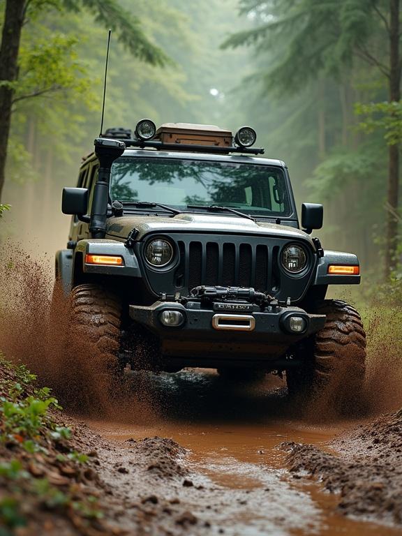 An armored jeep speeds through a muddy forest road while bouncing over bumps and splashing dirt.