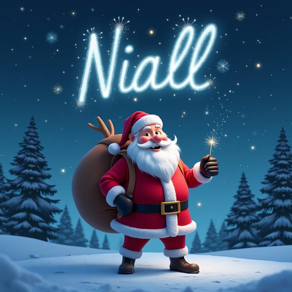 A cheerful Pixar-themed Santa Claus stands in a snowy landscape, warmly dressed in a red suit with white trim. In the starry night sky, he magically writes the name 'Niall' with a shimmering light. Snowflakes gently drift down, enhancing the wintry scene. Santa carries a large brown sack slung over his shoulder, adding to the festive charm. Tall pine trees are scattered in the background, completing a delightful winter wonderland.