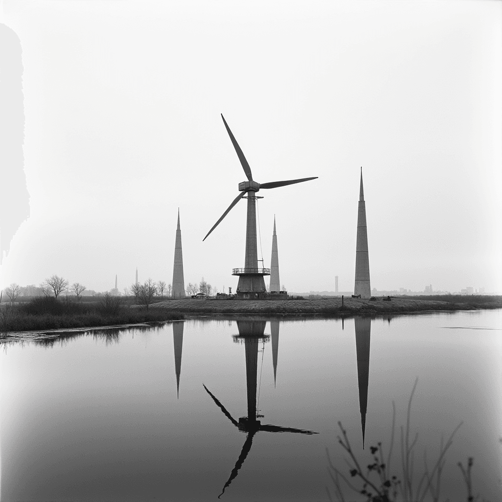 A black and white photograph captures a large wind turbine against a backdrop of three tall, slender spires and their reflections in a calm body of water.