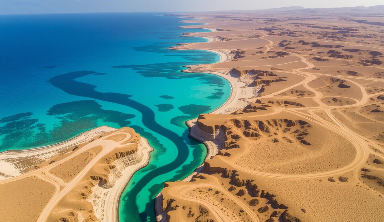 Aerial view of the Red Sea and desert landscape. Stunning turquoise waters contrast with vibrant sand dunes. The coastline features rounded shapes and winding water paths.
