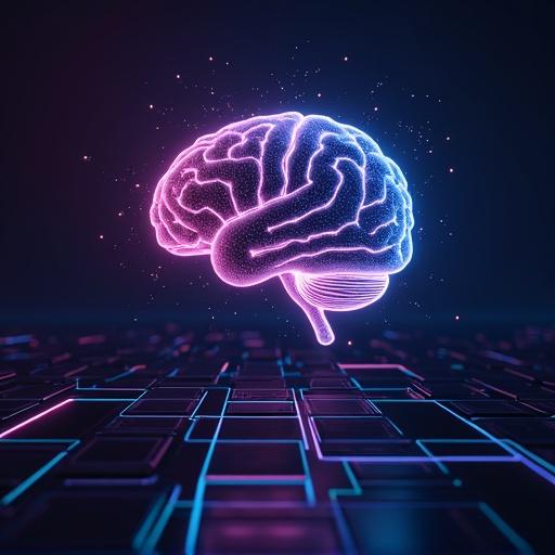 Futuristic visualization of a glowing brain representing artificial intelligence. The brain merges with a neon blockchain represented by glowing blocks. The setting features a cyberpunk aesthetic with dark backgrounds to emphasize neon colors.