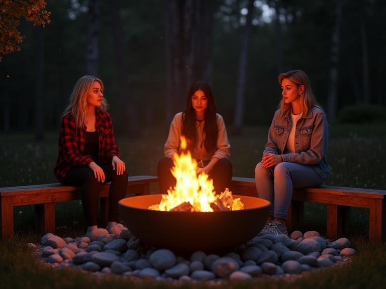 Photograph captures a serene outdoor scene at night. Central black fire pit filled with burning logs radiates warm light. Surrounding gray stones add rustic charm. Three women seated on wooden benches, wrapped in conversation. Blondes wear flannel while auburn-haired woman sports a wool outfit. Background features a wooden structure with string lights. Twilight sky with trees enhances tranquil mood. Overall atmosphere reflects comfort and warmth of friendship around a campfire.