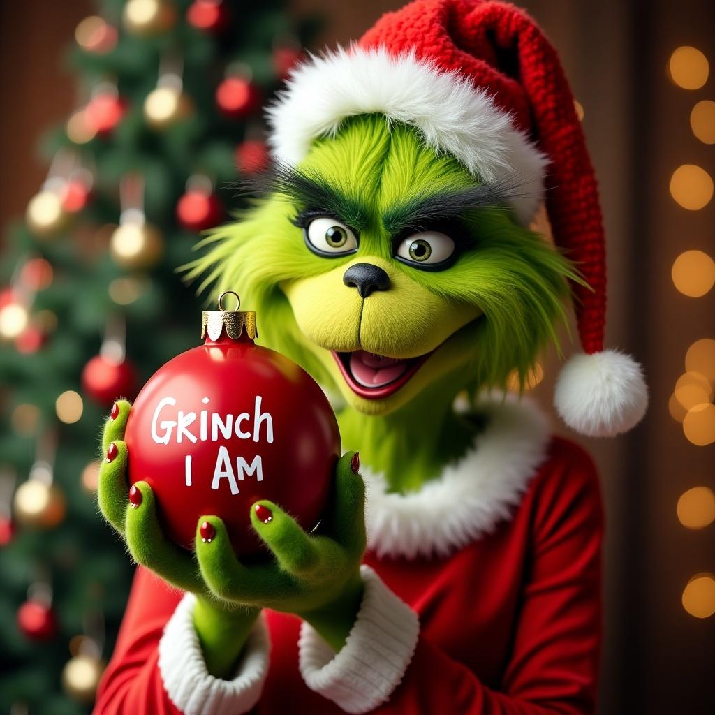 Female Grinch holds red ornament. Text reads Grinch I Am. Christmas themed background with decorated tree. Bright and colorful atmosphere.