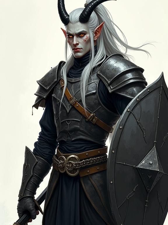 Character design of a tall imposing male tiefling with ash-gray skin bright amber eyes long silver hair high ponytail black curved horns two thin scars sharp cheekbones wearing chainmail shirt plate pants holding black longsword large shield stylized portrait painterly textures bold color accents soft cel shading non-photorealistic rendering expressive brushwork soft rim lighting stylized depth of field cinematic composition dramatic posture