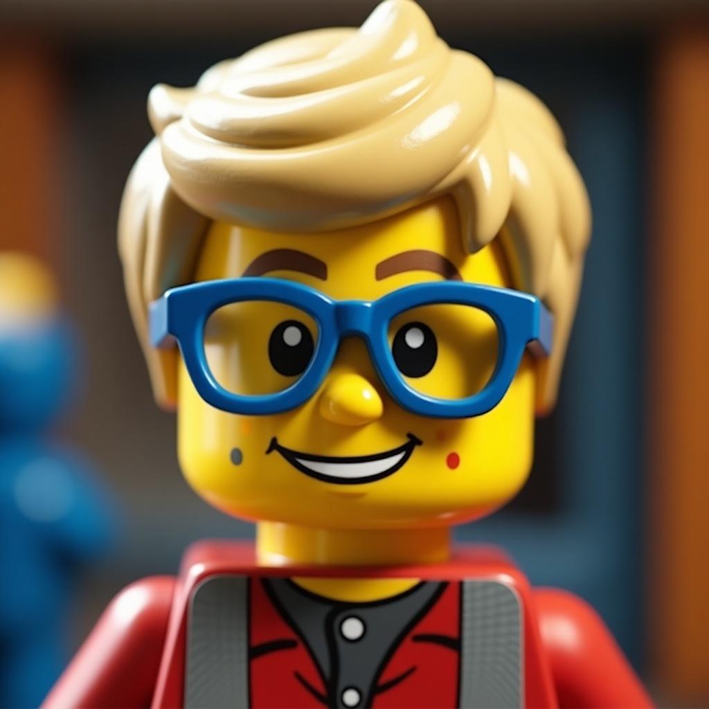 A LEGO kid smiles at the camera. He has short blonde hair and thick blue glasses.