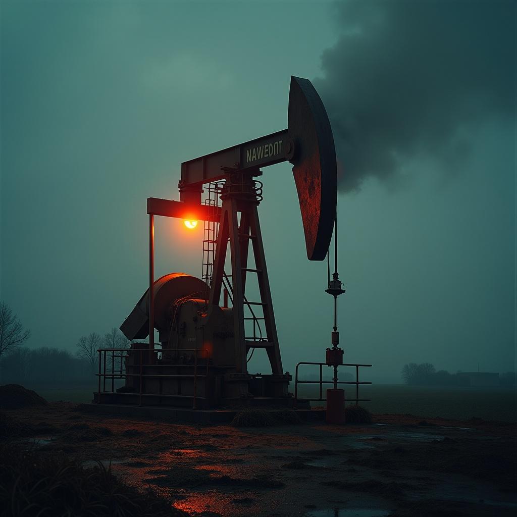 The image features an oil pump jack silhouetted against a gloomy backdrop. In the foreground, the pump appears robust and operational, while an orange glow emanates from behind, perhaps symbolizing a distress signal. The atmospheric conditions give it a haunting quality, emphasizing the industrial context. The scene is moody, with a predominant dark green color palette that evokes a sense of urgency related to the energy sector. The pump itself is a central element, and the misty surroundings add to the overall impact of the image.