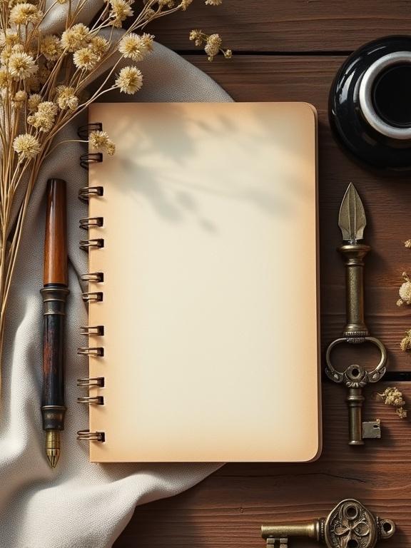 Flat lay of hardcover journal placed on rustic wooden surface. Surroundings include vintage fountain pen, ink pot, dried flowers, antique brass key, soft linen cloth. Warm lighting with soft shadows creates nostalgic atmosphere.