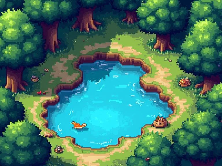 Image depicts an 8-bit pixel game style forest featuring a vibrant blue pond. A serene orange fox swims in the pond. Surrounding the pond are lush green trees with earthy brown paths weaving through. Small flowers and scattered rocks enhance the playful atmosphere.