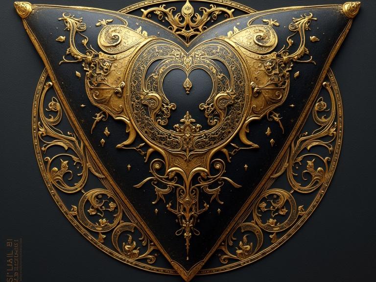 A triangle-shaped artwork featuring intricate gold detailing on a black background. The design is rich in detail and symmetry.