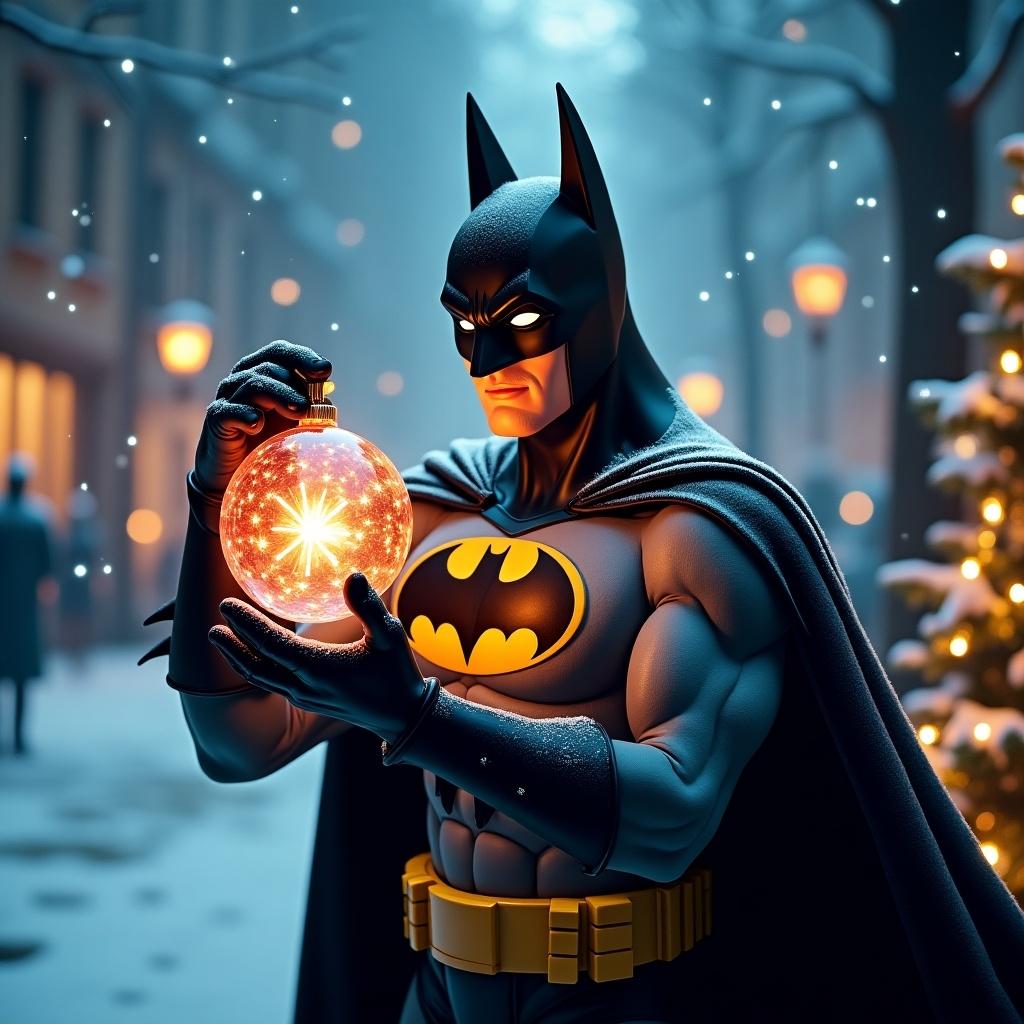 An enchanting Christmas scene features Batman holding a magical ornament. The background has vibrant northern lights. Snow and decorated trees enhance the holiday feel. A captivating blend of superhero charm and holiday cheer exists.