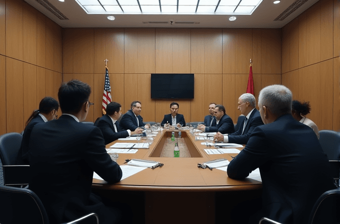 A group of business professionals in suits are seated around a rectangular table in a formal conference room, engaging in a meeting.