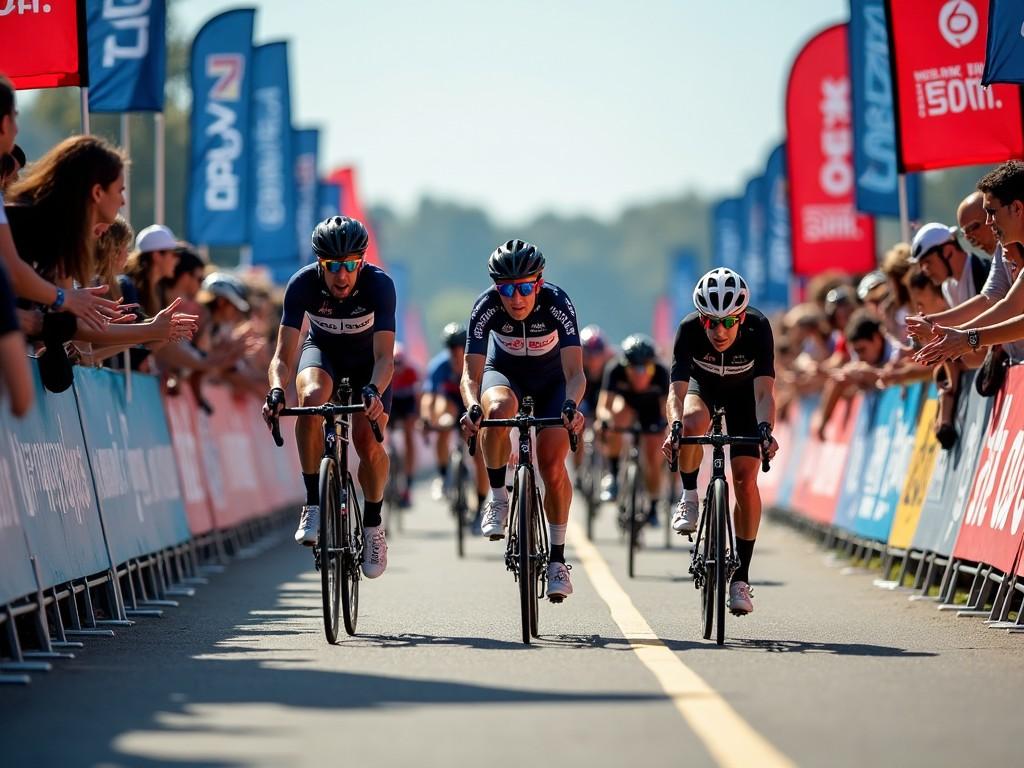 This image captures the intense moment of a cycling championship race where three cyclists are neck-and-neck approaching the finish line. The excitement of the event is evident through the cheering crowds lining the route, with vibrant promotional banners creating an energetic atmosphere. The cyclists are dressed in their competitive gear, showcasing their determination and speed. It's a bright and sunny day, amplifying the lively spirit of the event. The angle of the photograph is at eye level, making the viewer feel as if they are part of the cheering crowd, experiencing the thrill of the competition up close.