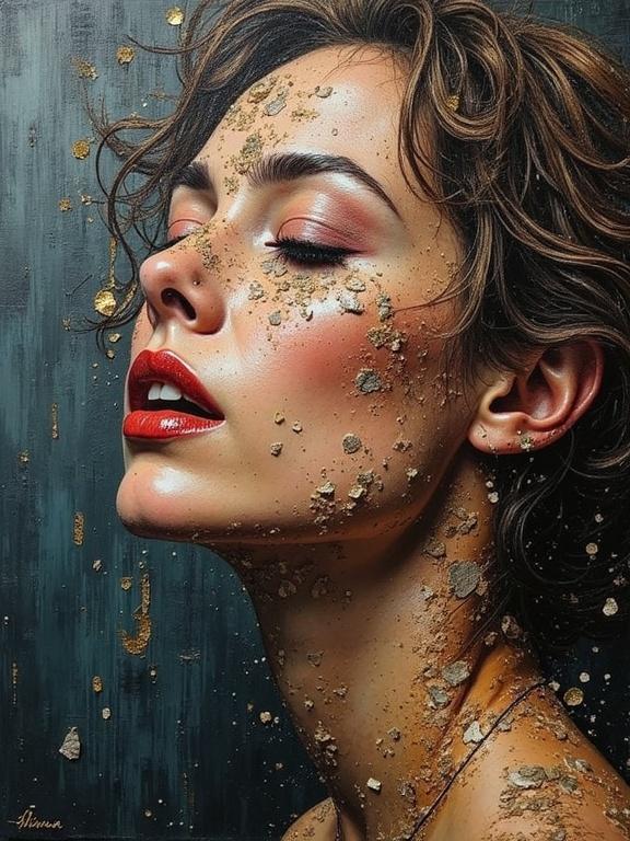Stunning oil painting of a woman's portrait featuring gold and textured elements. Depth emphasized with a variety of materials. Captivating composition rich in detail and layered textures.
