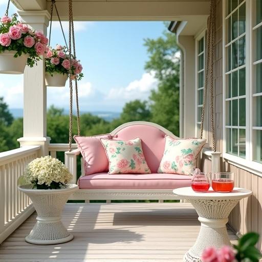 Light pink and green colored porch. Shabby Chic Cottage style swing with rose print pillows. White hanging baskets with hydrangea and roses. Round white wicker table with pitcher of lemonade and glasses. Blue sky and white clouds in the background.
