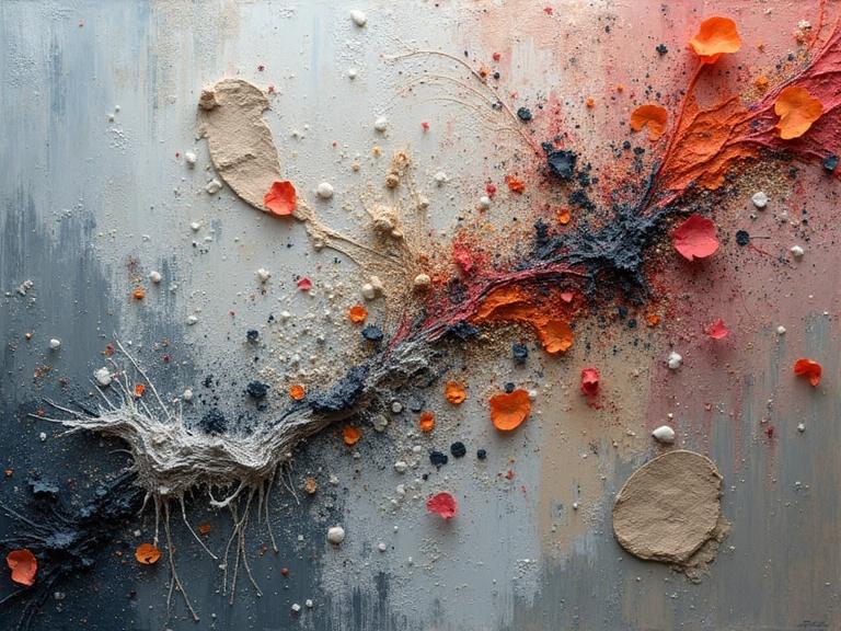 Abstract art piece featuring an explosion of colors and textures with a focus on mixed media elements. Use of materials like jute, newspaper, and glittering confetti. Close-up view showing intricate details of layered textures and colors. Reflects a fantasy theme with bioluminescent accents.