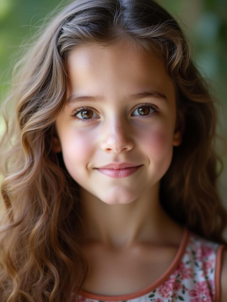 Portrait of a girl with long brown hair with curls. She has striking brown eyes. Appears 12 years old. Features soft expressions. Captured in natural light.