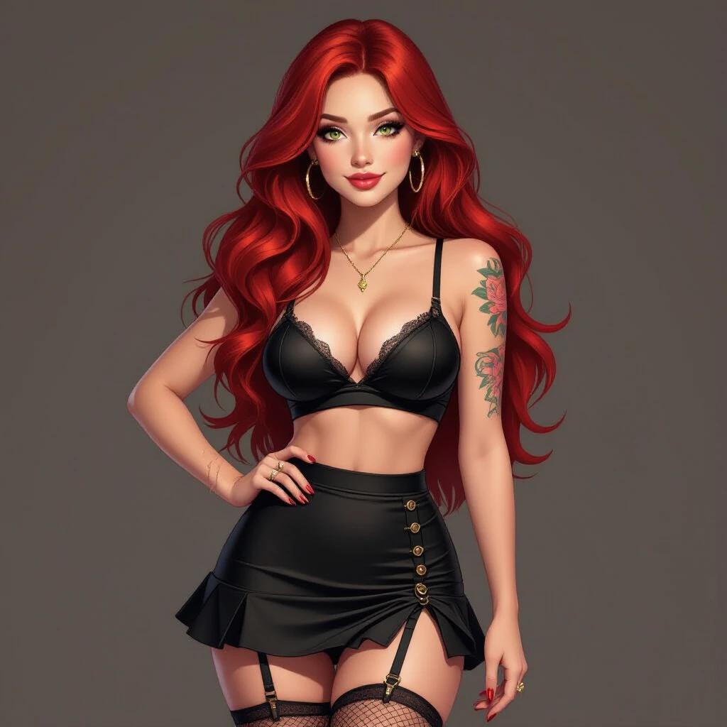 Confident playful woman in stylish outfit. Long red hair and pale skin. Small curvy build. Bright green eyes. Smiling expression. Revealing outfit with mini skirt and crop top. Thigh-high stockings and fishnet. Subtle tattoos on arms and thighs. Confident inviting posture. Aura of flirtation and charm.