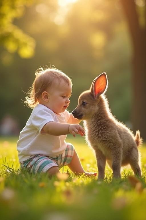 A child and a puppy interact playfully in a sunny green field. The child has light brown hair and smiles at the puppy. The puppy approaches curiously. The grass is bright and the sun sets in the background.