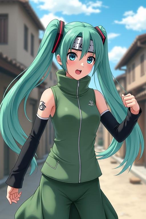 Hatsune Miku in a Naruto ninja outfit. She sings and dances in the Hidden Leaf Village. The setting shows traditional buildings. She wears a ninja bandana and green costume. Her long hair is styled in iconic twin tails.