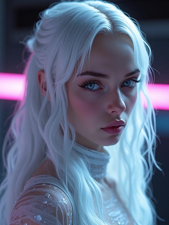 Portrait of a futuristic sci-fi character. A very white woman with long white hair in a form-fitting swimsuit. Soft focus on the face with vibrant rgb led lighting in the background.