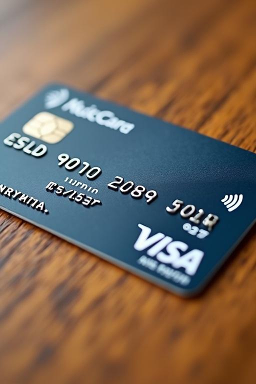 Realistic image showing a credit card. Visa logo prominent. Card details clearly visible on a hardwood table background.