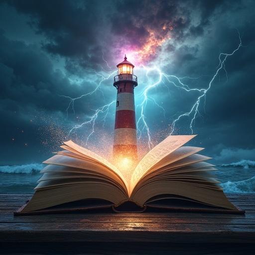 An open book lies on a surface. From the book, a lighthouse emerges. The setting is dark with stormy weather. Colorful lights swirl above. Lightning strikes illuminate the scene. Waves crash against the book.